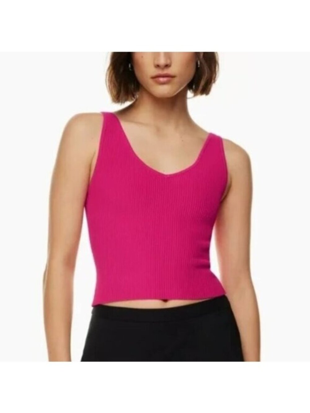 Aritzia Babaton Sculpt Knit V-Neck Tank Top L Rose Pink Structured Colorful